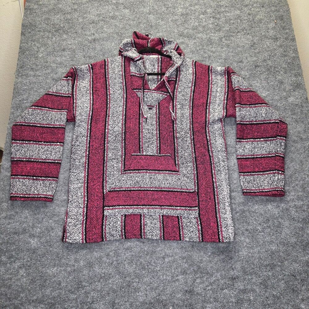 Baja Hoodie Pullover Large Mexican Drug Rug Striped Hippie Skater Boho